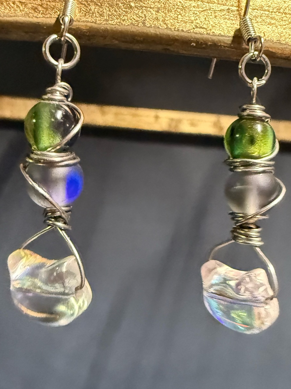 Handmade Wire Wrapped Iridescent Cat Glass Bead Dangle Earrings